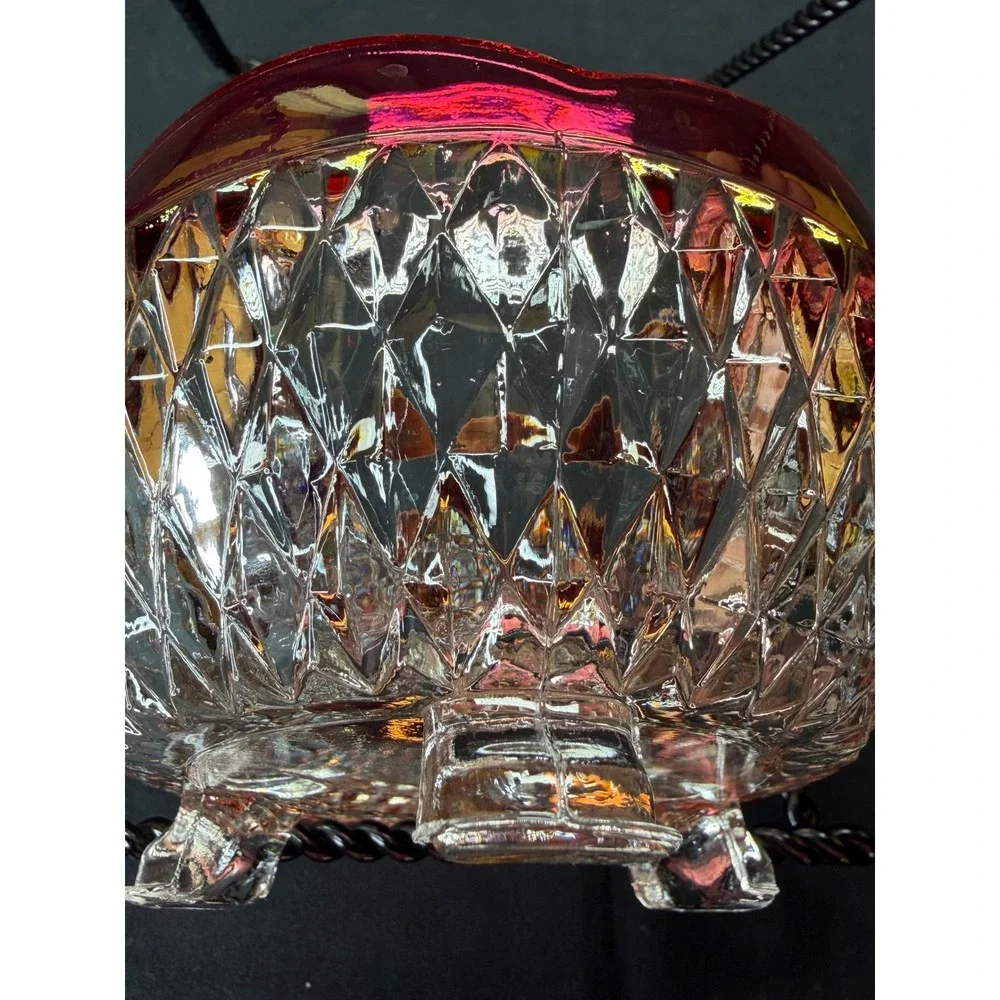 Vtg Ruby Red Flash Clear Diamond Point Pattern Footed Glass Bowl Scalloped Edge